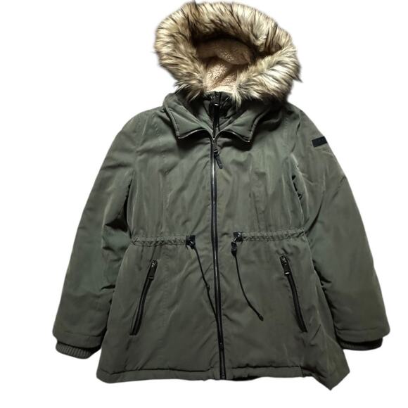 DKNY Faux-Fur Trim Hooded Water-Resistant Coat Loden Green Size XL - Picture 3 of 10